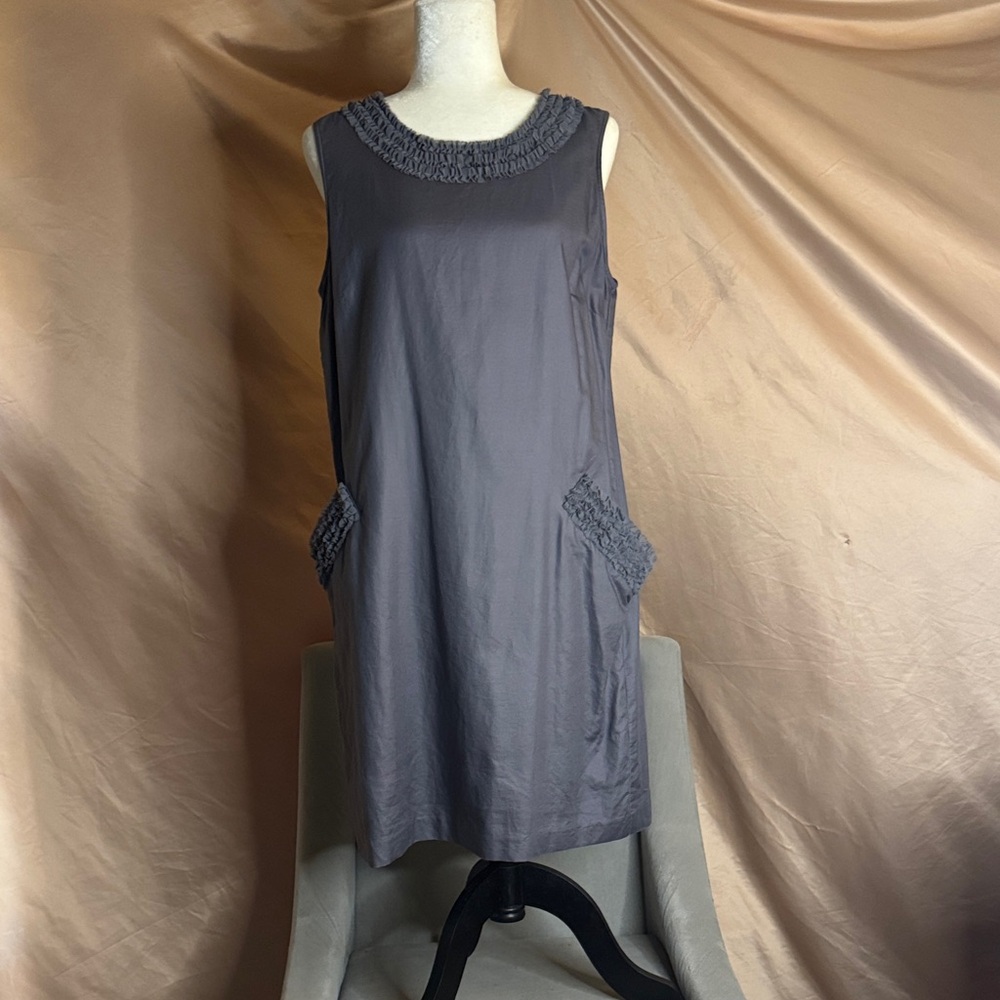 LOFT Sleeveless Gray Shift Dress with Ruffle Trim